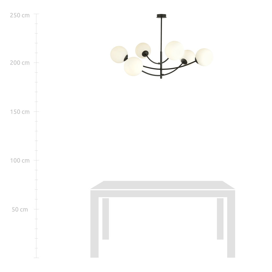 Plafondlamp gepoedercoat staal en glas Hunter 6 lichtpunten, modern, zwart met wit glas – 89 x 63 cm