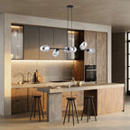 Hanglamp gepoedercoat staal en glas Pandora, zwart met grafiet kappen, 6 lichtpunten, 120 x 100 cm