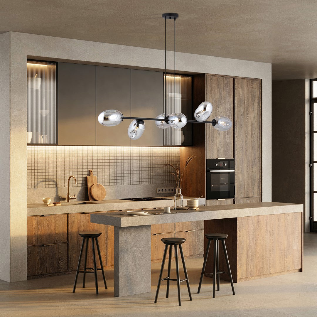 Hanglamp gepoedercoat staal en glas Pandora, zwart met grafiet kappen, 6 lichtpunten, 120 x 100 cm