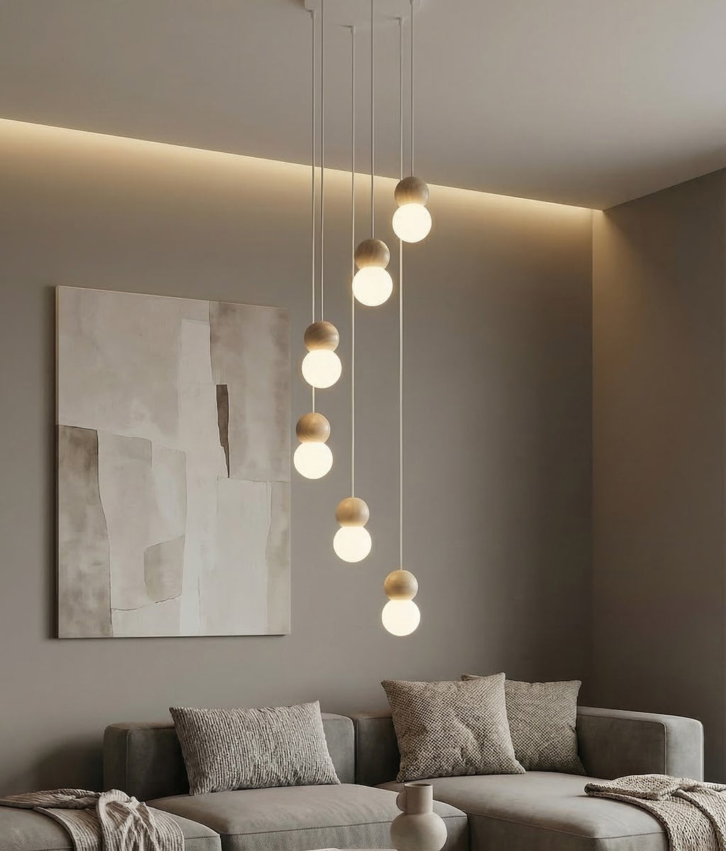 Hanglamp gepoedercoat staal en hout, Scandinavisch Loop wit, Ø 33 cm, 6 lichts, voor eetkamer of keukeneiland
