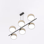 Hanglamp rotan gepoedercoat staal Japandi Drumz 6 lichts, zwart en naturel, hoogte verstelbaar, eettafel