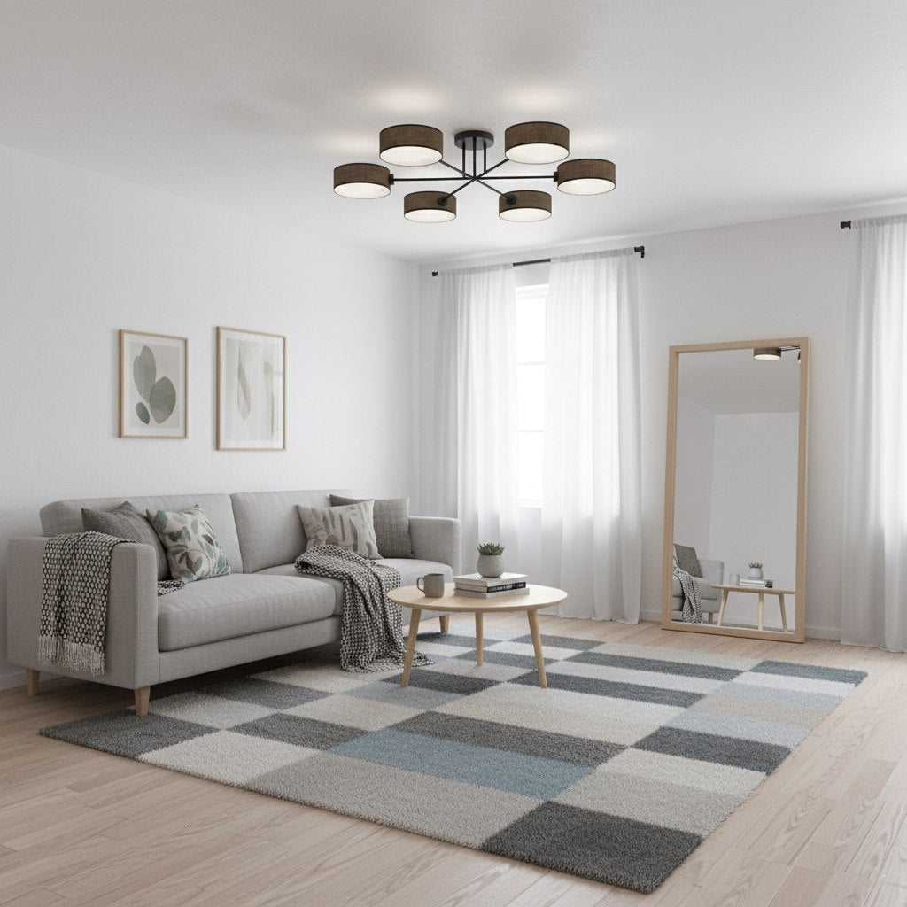 Plafondlamp gepoedercoat staal Japandi bruin met 6 kappen, 105 x 105 cm, woonkamer, eetkamer en slaapkamer