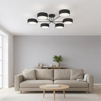 Plafondlamp gepoedercoat staal Japandi zwart met 6 lampenkappen, 105 x 105 x 22 cm, woonkamer en eetkamer