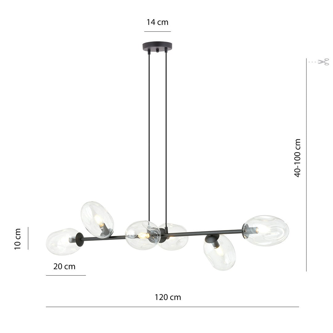 Hanglamp staal en glas Pandora zwart met transparante glazen kappen, 6 lichts, 120 x 100 cm, verstelbaar