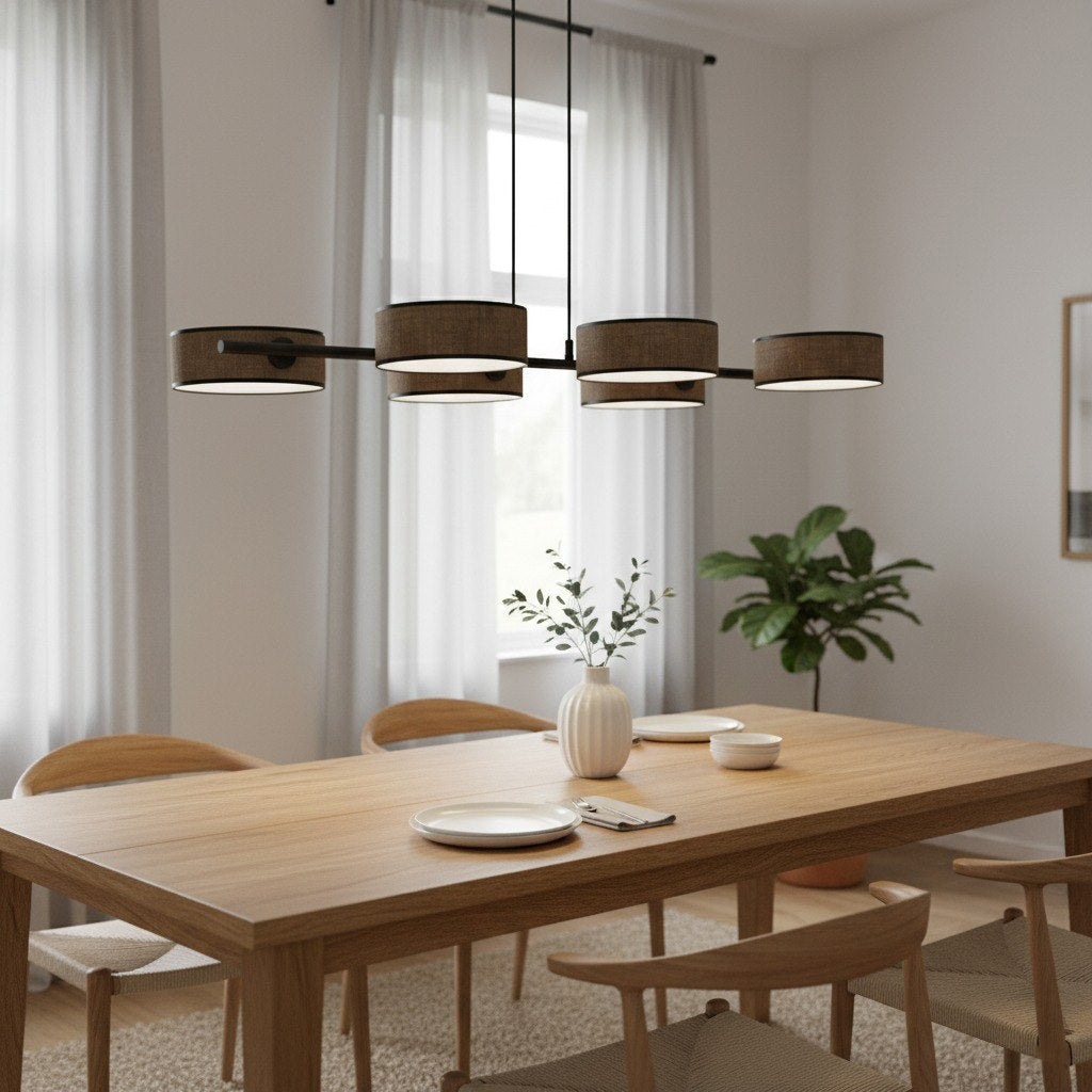 Hanglamp gepoedercoat staal Japandi bruin zwart, 6 lichts, kap Ø 20 cm, 100 x 46 x 120 cm, eettafel