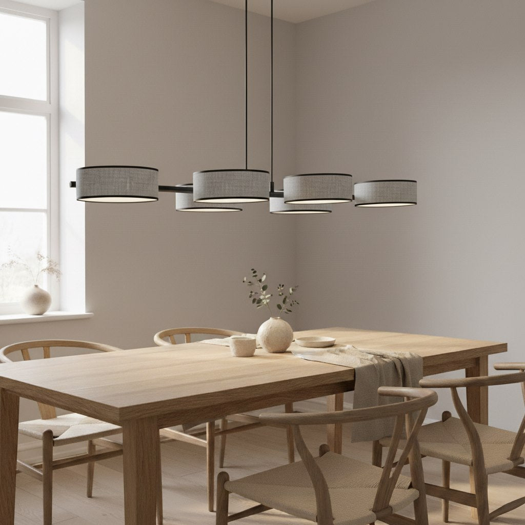 Hanglamp gepoedercoat staal Japandi Drumz grijs, 6 lichts, 100 x 46 x 120 cm, eettafel en keukeneiland