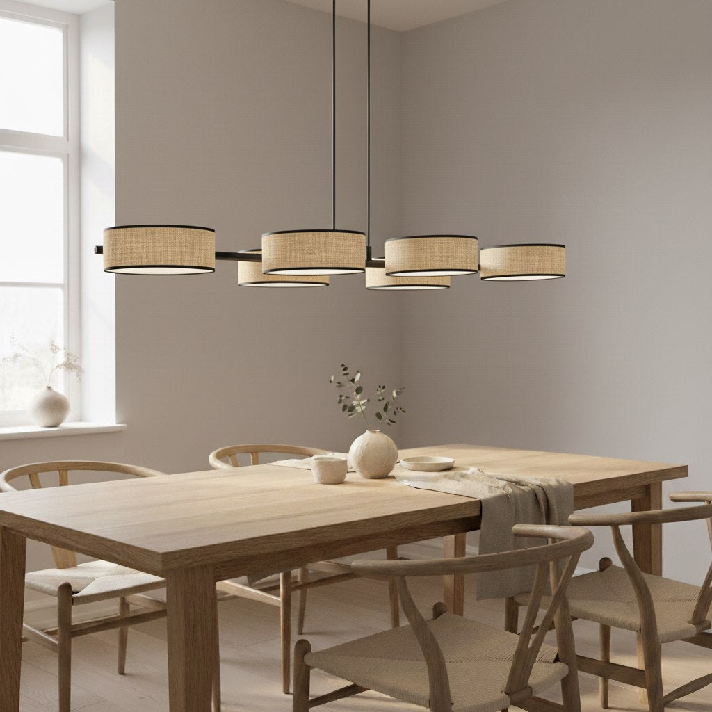 Hanglamp rotan gepoedercoat staal Japandi Drumz 6 lichts, zwart en naturel, hoogte verstelbaar, eettafel