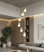 Hanglamp gepoedercoat staal hout Loop Scandinavisch beige met witte kappen, 6 lichtpunten (G9) voor boven eettafel