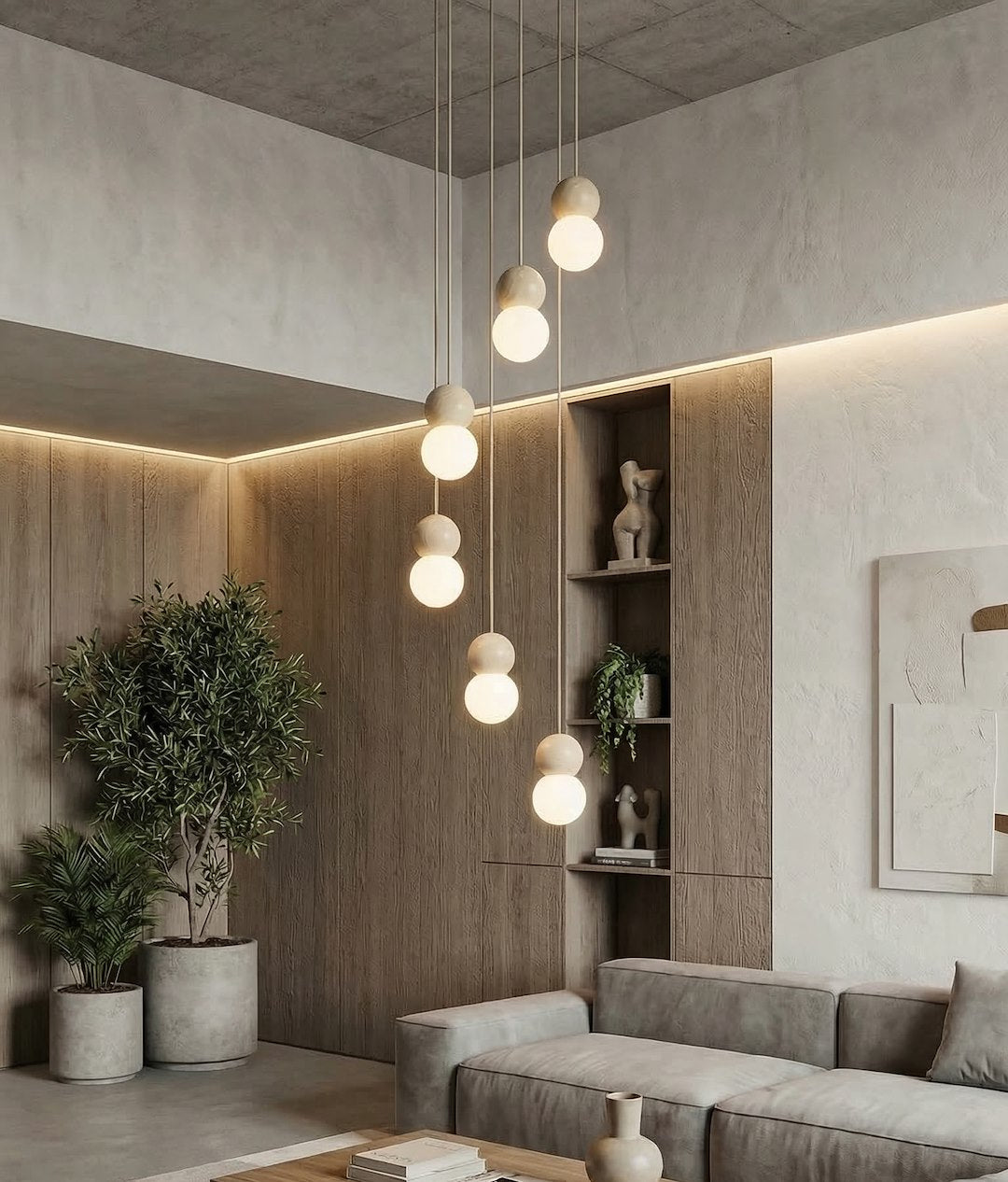 Hanglamp gepoedercoat staal hout Loop Scandinavisch beige met witte kappen, 6 lichtpunten (G9) voor boven eettafel