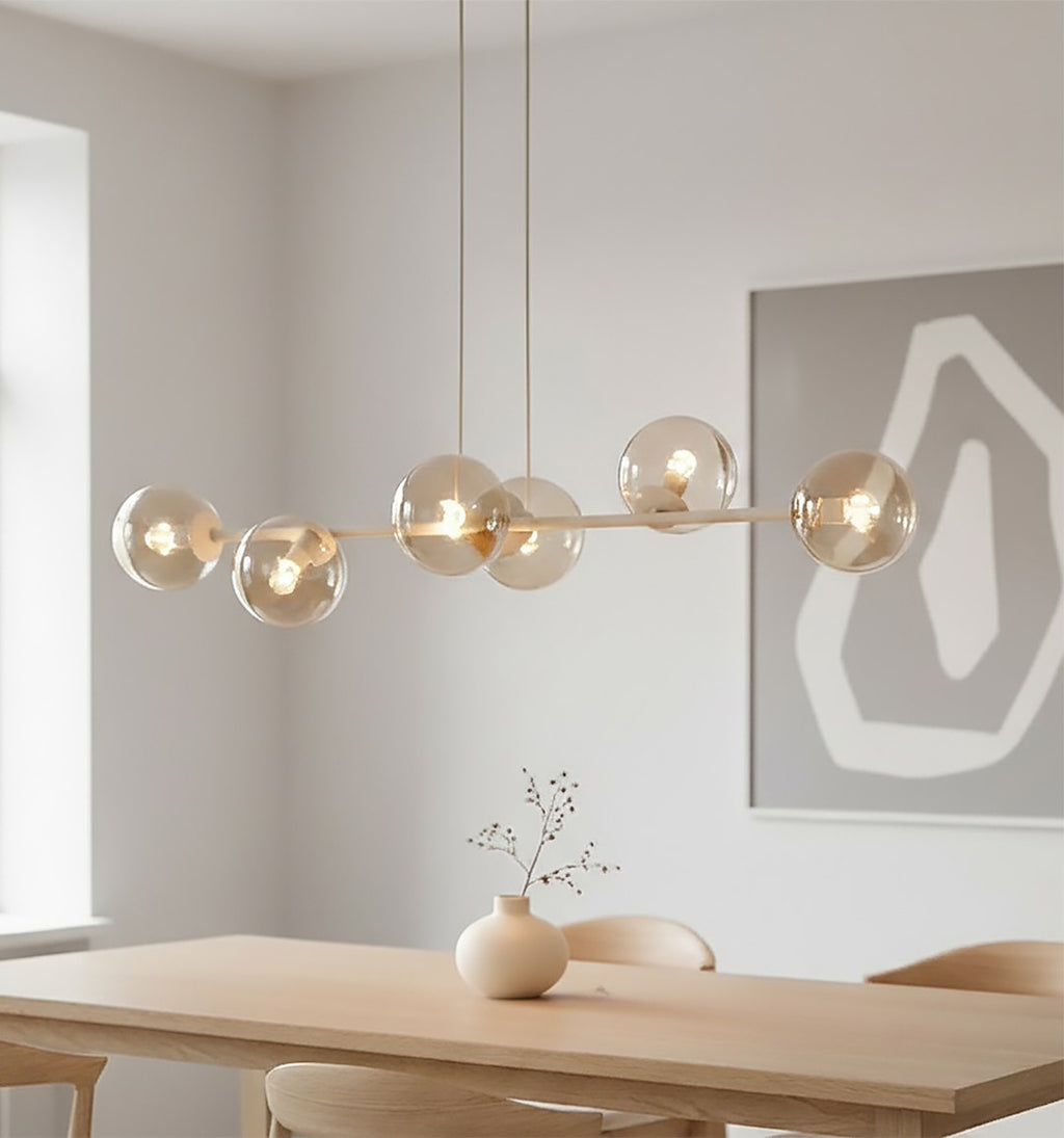 Hanglamp gepoedercoat staal en glas Magnus, beige met amber glas, breedte 110 cm, 6 fittingen E14