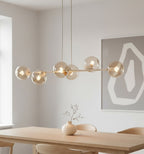 Hanglamp gepoedercoat staal en glas Magnus, beige met amber glas, breedte 110 cm, 6 fittingen E14
