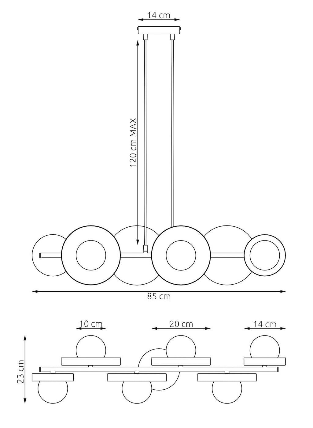 Hanglamp gepoedercoat staal minimalistisch Model 6 zwart met witte kappen, 6 x G9, 85 x 23 cm, eettafel