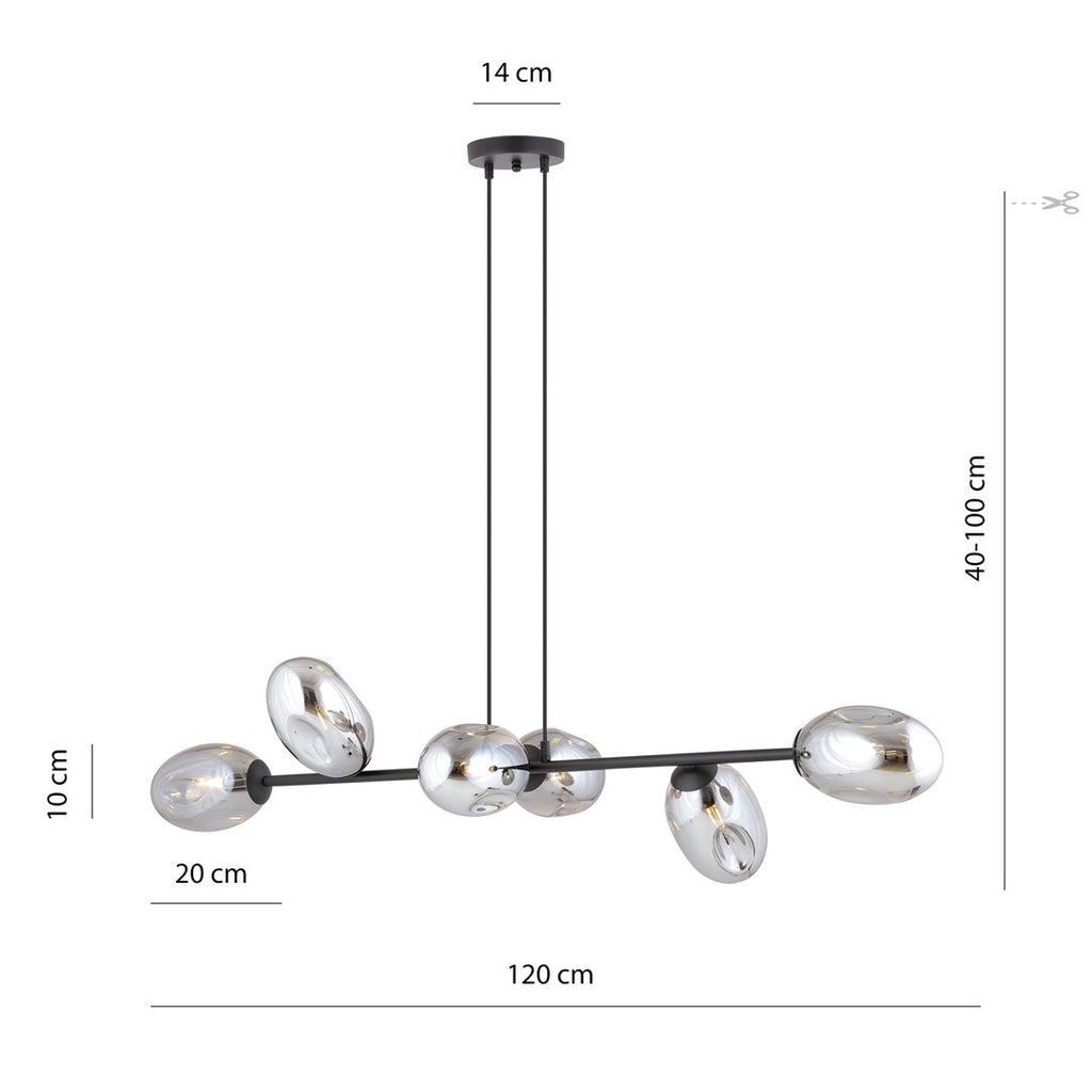 Hanglamp gepoedercoat staal en glas Pandora, zwart met grafiet kappen, 6 lichtpunten, 120 x 100 cm