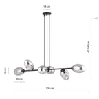 Hanglamp gepoedercoat staal en glas Pandora, zwart met grafiet kappen, 6 lichtpunten, 120 x 100 cm