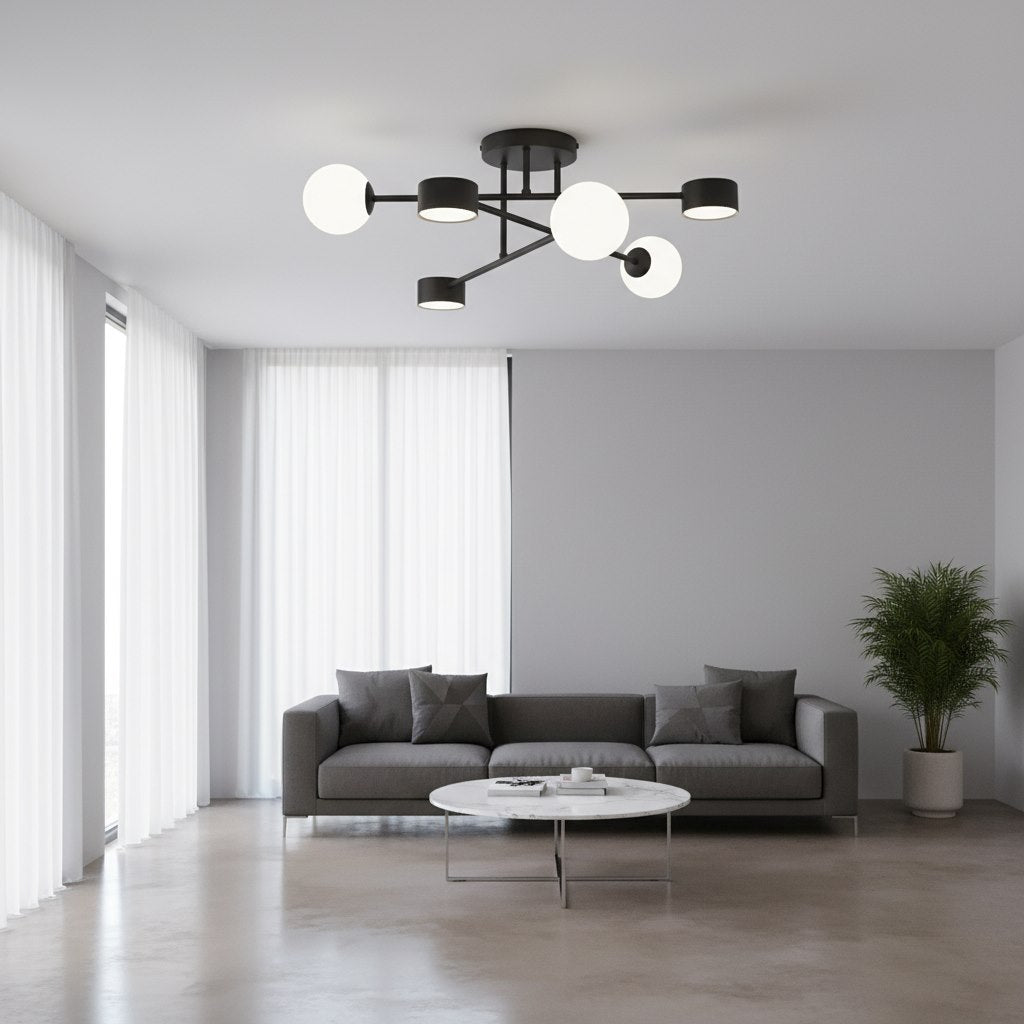 Plafondlamp gepoedercoat staal modern Holon zwart met witte kappen, 64 x 64 x 23 cm, 6 fittingen, woonkamer, eetkamer of hal