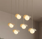 Hanglamp gepoedercoat staal en glas Ritual, beige met witte glazen bollen, 6 lampen, 75 cm breed