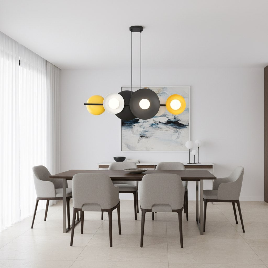 Hanglamp lineair gepoedercoat staal Volume 6 mat zwart met witte en gele accenten, 6 x G9, 100 cm, eettafel
