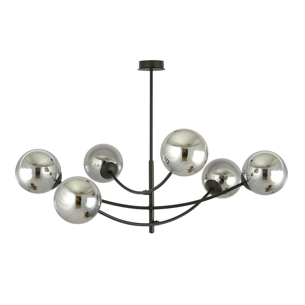 Plafondlamp gepoedercoat staal en glas Hunter zwart, grafiet kappen, 6 lichtpunten, 89 x 63 cm, eettafel of keukeneiland