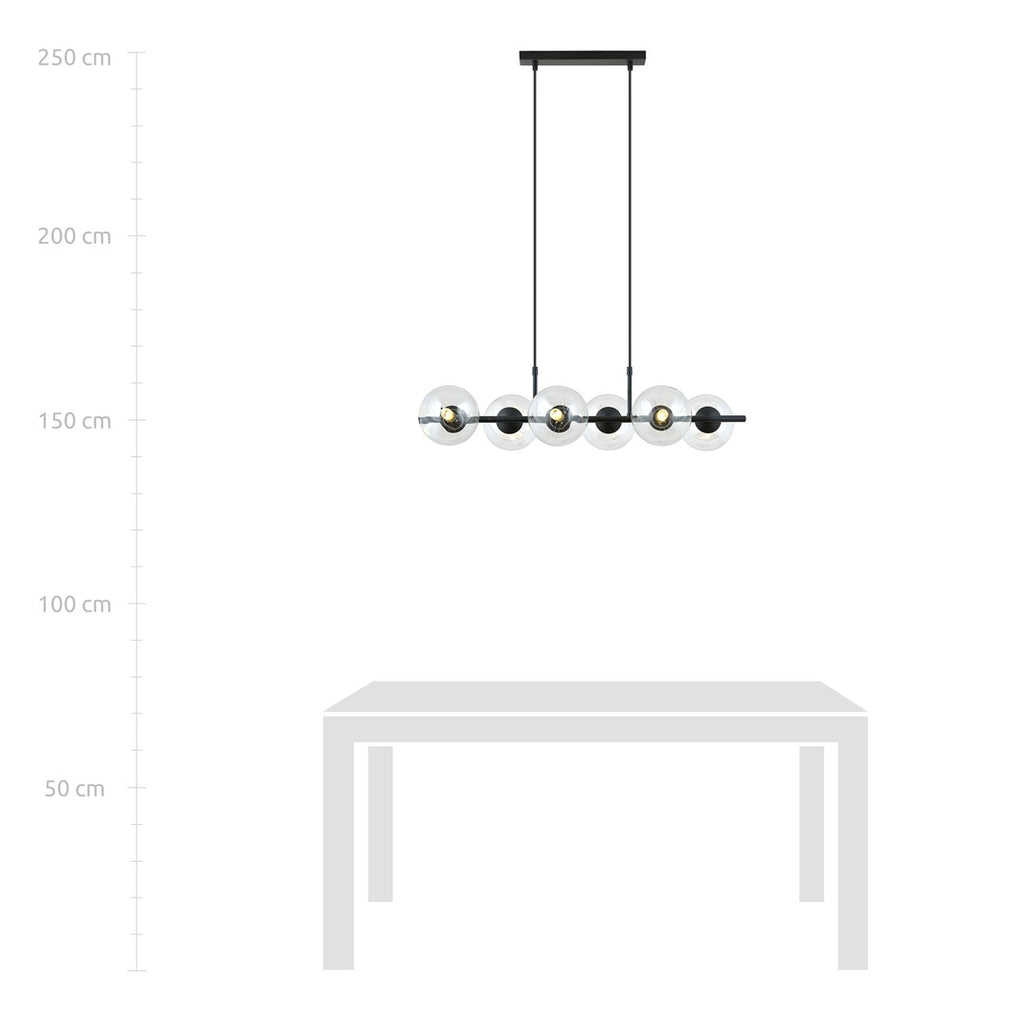 Hanglamp Rory gepoedercoat staal en glas, zwart met transparante kappen, 6 lichts, 95 x 110 cm, eettafel