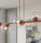 Hanglamp gepoedercoat staal en glas Magnus, bordeaux met transparante glazen kappen, 6 lichts, 110 cm breed