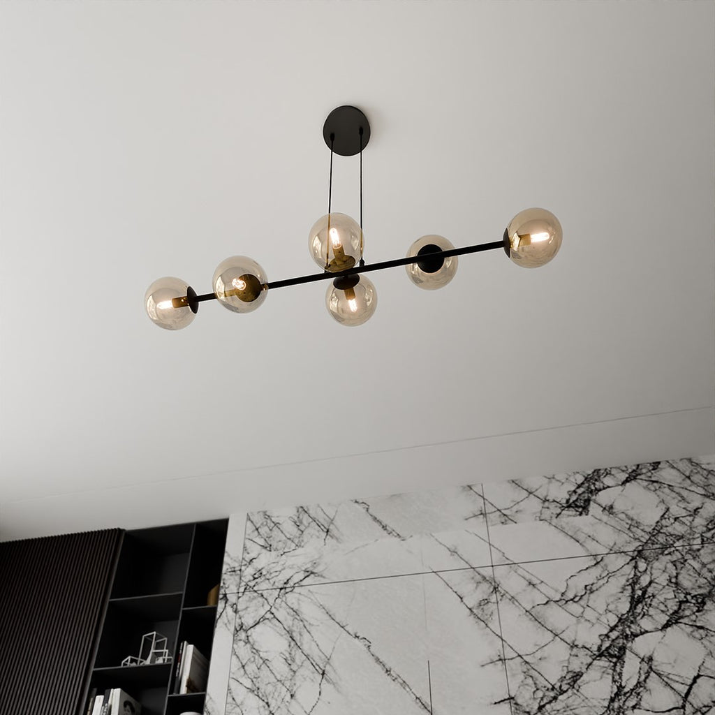 Hanglamp gepoedercoat staal en glas Rossi, zwart met amber glas, 6 lichts, 110 x 100 cm, woonkamer en eetkamer
