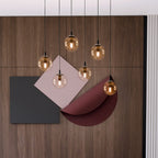 Hanglamp 6 lichts gepoedercoat staal en glas, Cosmo modern, zwart met amberkleurige kappen, 65 x 120 cm