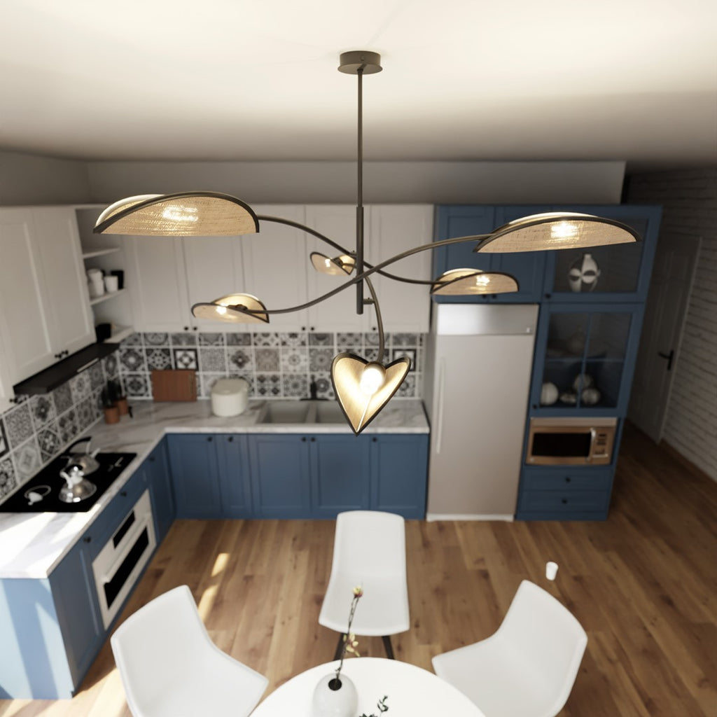 Plafondlamp Lotus gepoedercoat staal en rotan, boho, zwart met naturel kappen, 6 lichtpunten, 102 x 51 cm
