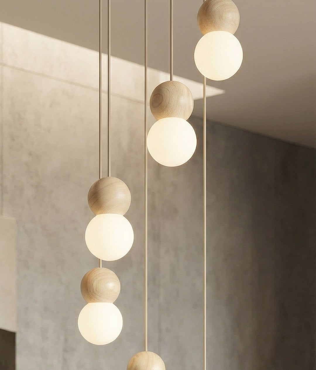 Hanglamp gepoedercoat staal hout Loop Scandinavisch beige met witte kappen, 6 lichtpunten (G9) voor boven eettafel