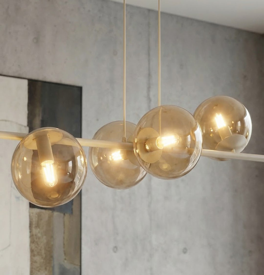Hanglamp gepoedercoat staal en glas Magnus, beige met amber glas, breedte 110 cm, 6 fittingen E14