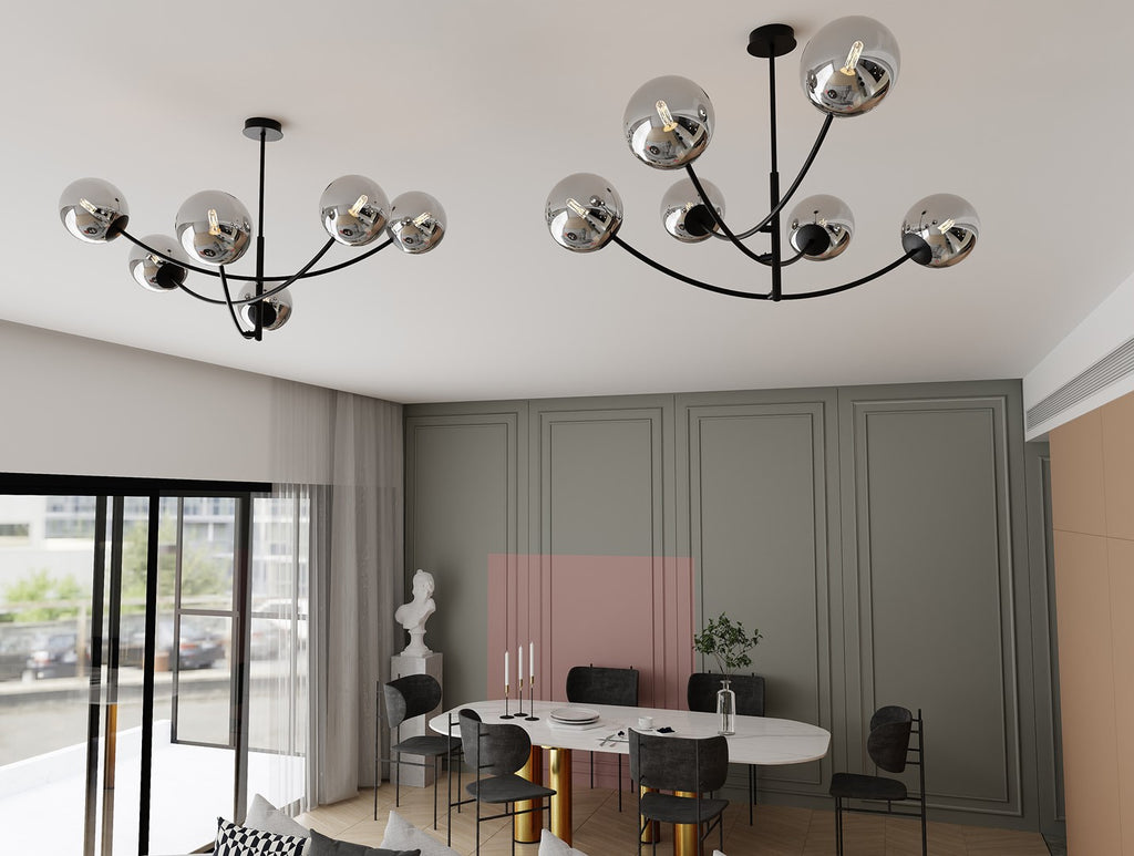 Plafondlamp gepoedercoat staal en glas Hunter zwart, grafiet kappen, 6 lichtpunten, 89 x 63 cm, eettafel of keukeneiland