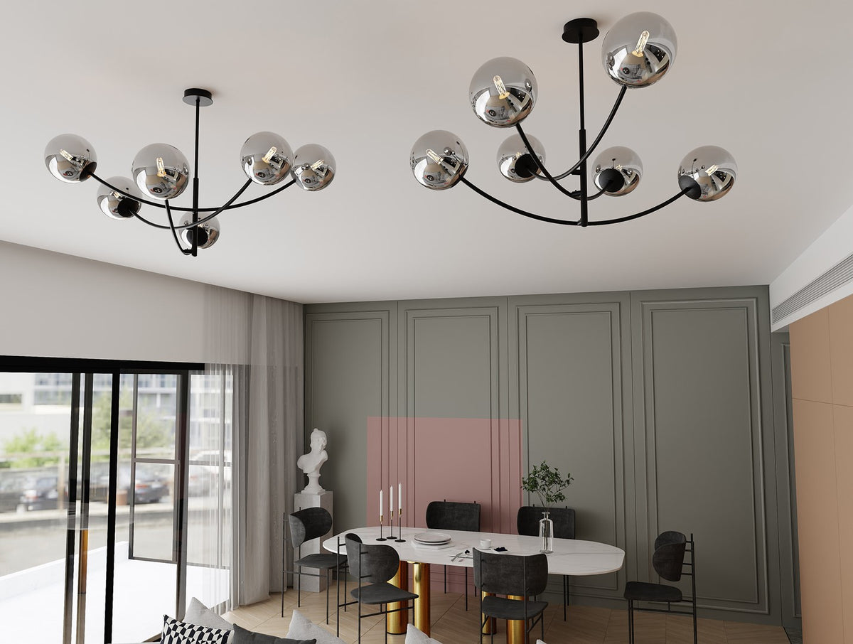 Plafondlamp gepoedercoat staal en glas Hunter zwart, grafiet kappen, 6 lichtpunten, 89 x 63 cm, eettafel of keukeneiland