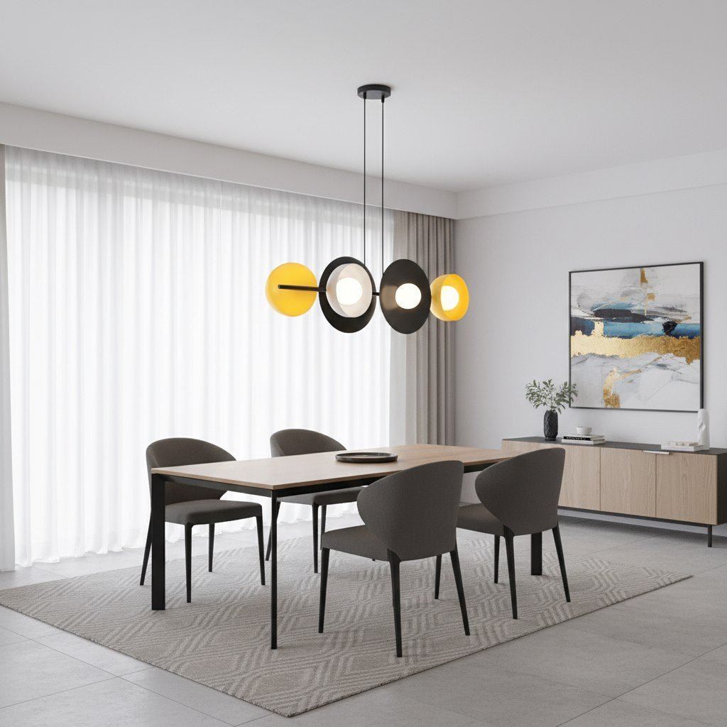 Hanglamp lineair gepoedercoat staal Volume 6 mat zwart met witte en gele accenten, 6 x G9, 100 cm, eettafel