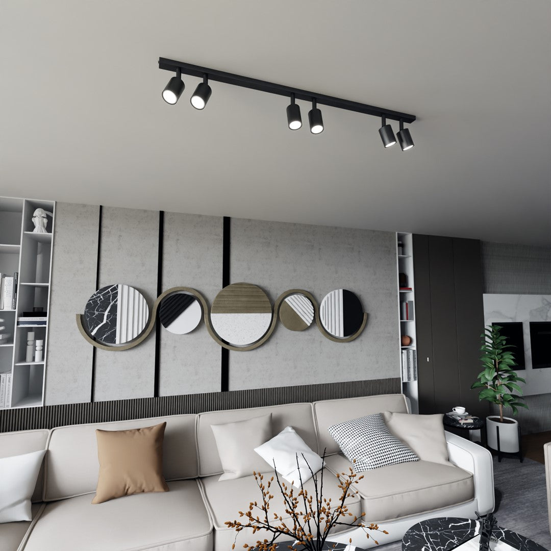 Plafondlamp staal Flash minimalistisch zwart 116 cm, 6 spots met GU10-fitting voor woonkamer of keuken