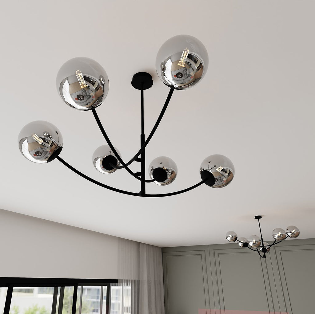 Plafondlamp gepoedercoat staal en glas Hunter zwart, grafiet kappen, 6 lichtpunten, 89 x 63 cm, eettafel of keukeneiland