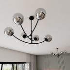 Plafondlamp gepoedercoat staal en glas Hunter zwart, grafiet kappen, 6 lichtpunten, 89 x 63 cm, eettafel of keukeneiland