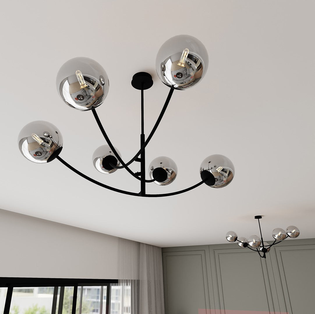 Plafondlamp gepoedercoat staal en glas Hunter zwart, grafiet kappen, 6 lichtpunten, 89 x 63 cm, eettafel of keukeneiland