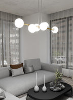 Hanglamp Gravity gepoedercoat staal en glas wit met goud, 6 lichtpunten, 110 x 100 cm, eettafel en woonkamer