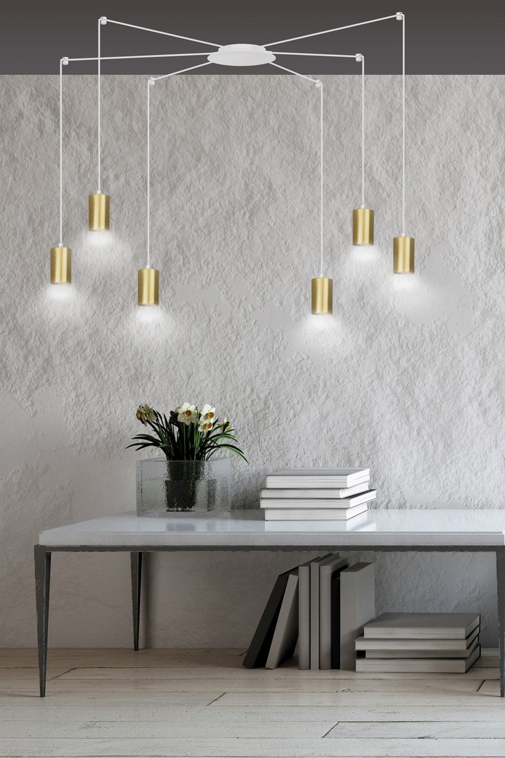 Hanglamp gepoedercoat staal Traker 6 lichts, wit met goud, modern, 6 GU10-fittingen, verstelbare hoogte