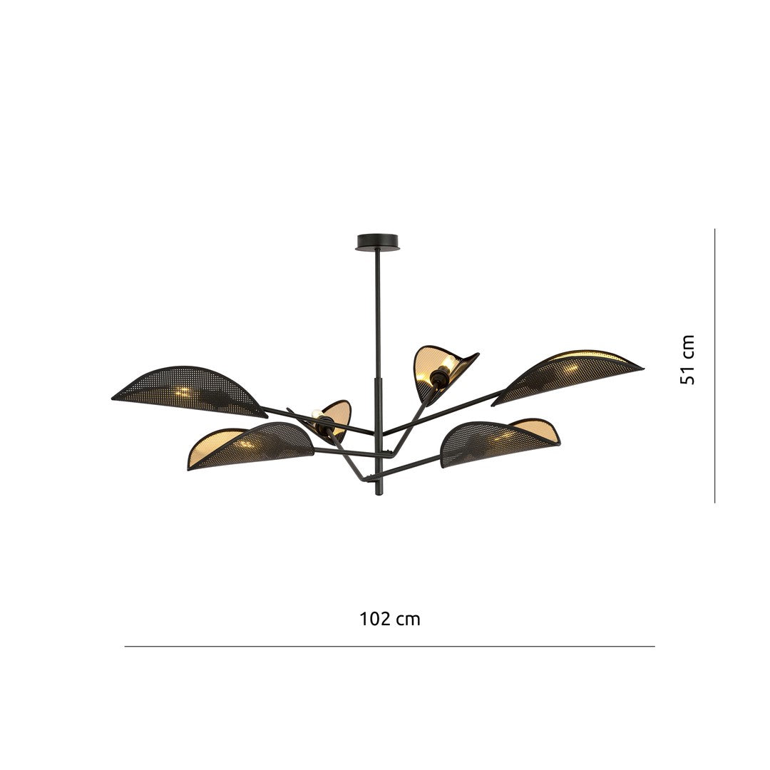 Plafondlamp gepoedercoat staal Vene zwart en goud 102 x 51 cm, 6 fittingen E14, woonkamer en slaapkamer