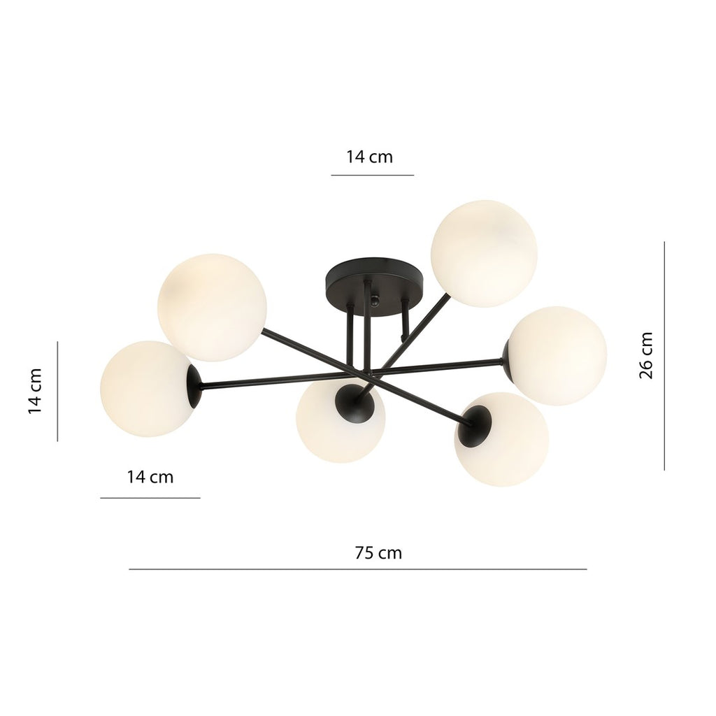 Plafondlamp gepoedercoat staal en glas Roma 6 lichts, zwart met witte glazen kappen, 75 cm breed, E14