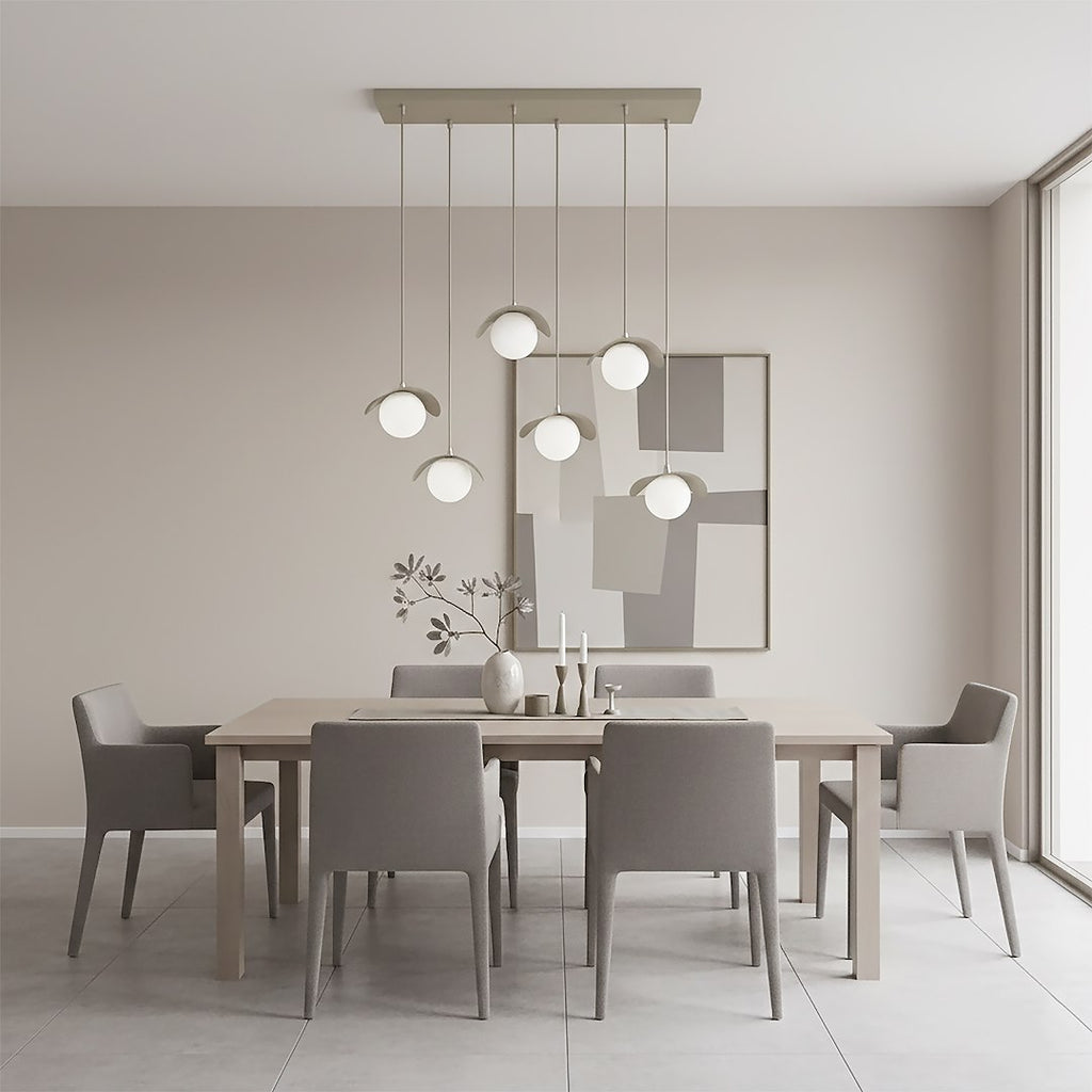 Hanglamp gepoedercoat staal en glas Ritual, beige met witte glazen bollen, 6 lampen, 75 cm breed