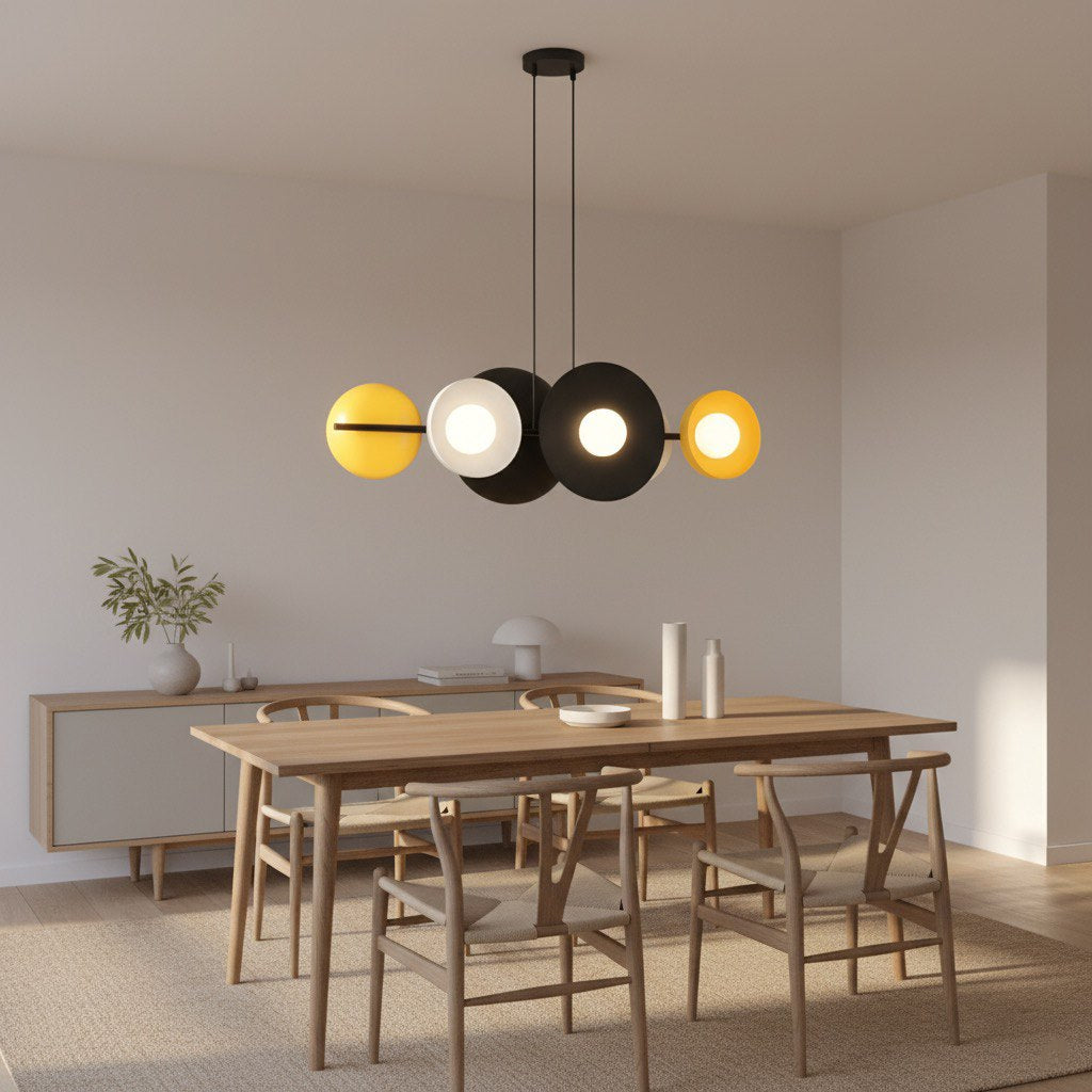 Hanglamp lineair gepoedercoat staal Volume 6 mat zwart met witte en gele accenten, 6 x G9, 100 cm, eettafel
