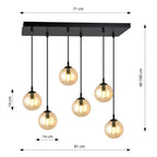 Hanglamp 6 lichts gepoedercoat staal en glas, Cosmo modern, zwart met amberkleurige kappen, 65 x 120 cm