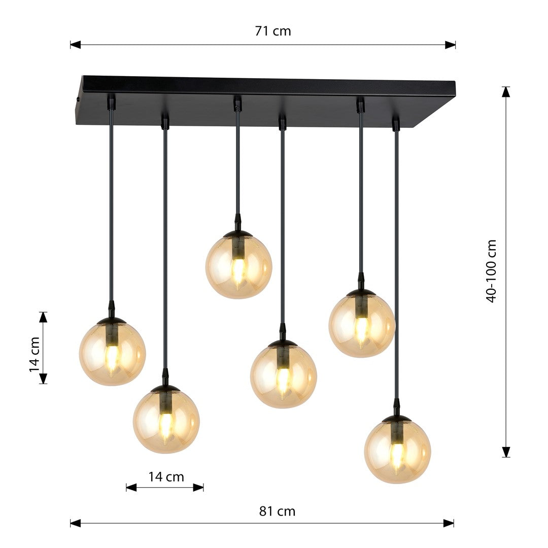 Hanglamp 6 lichts gepoedercoat staal en glas, Cosmo modern, zwart met amberkleurige kappen, 65 x 120 cm