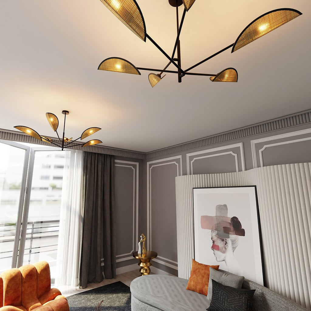 Plafondlamp gepoedercoat staal en rotan Vene, zwart met bruine kappen, 6 lichtpunten – 102 x 51 cm, woonkamer en slaapkamer