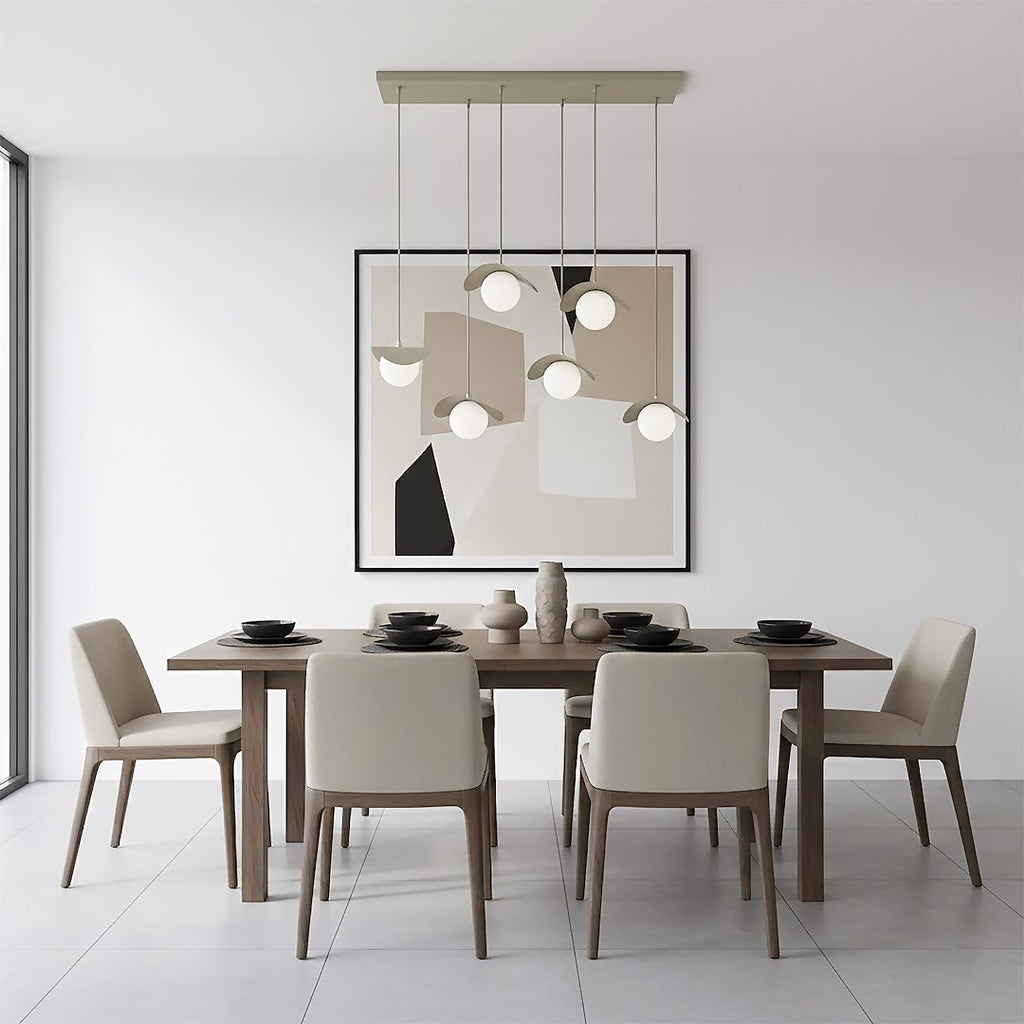Hanglamp gepoedercoat staal en glas Ritual, beige met witte glazen bollen, 6 lampen, 75 cm breed