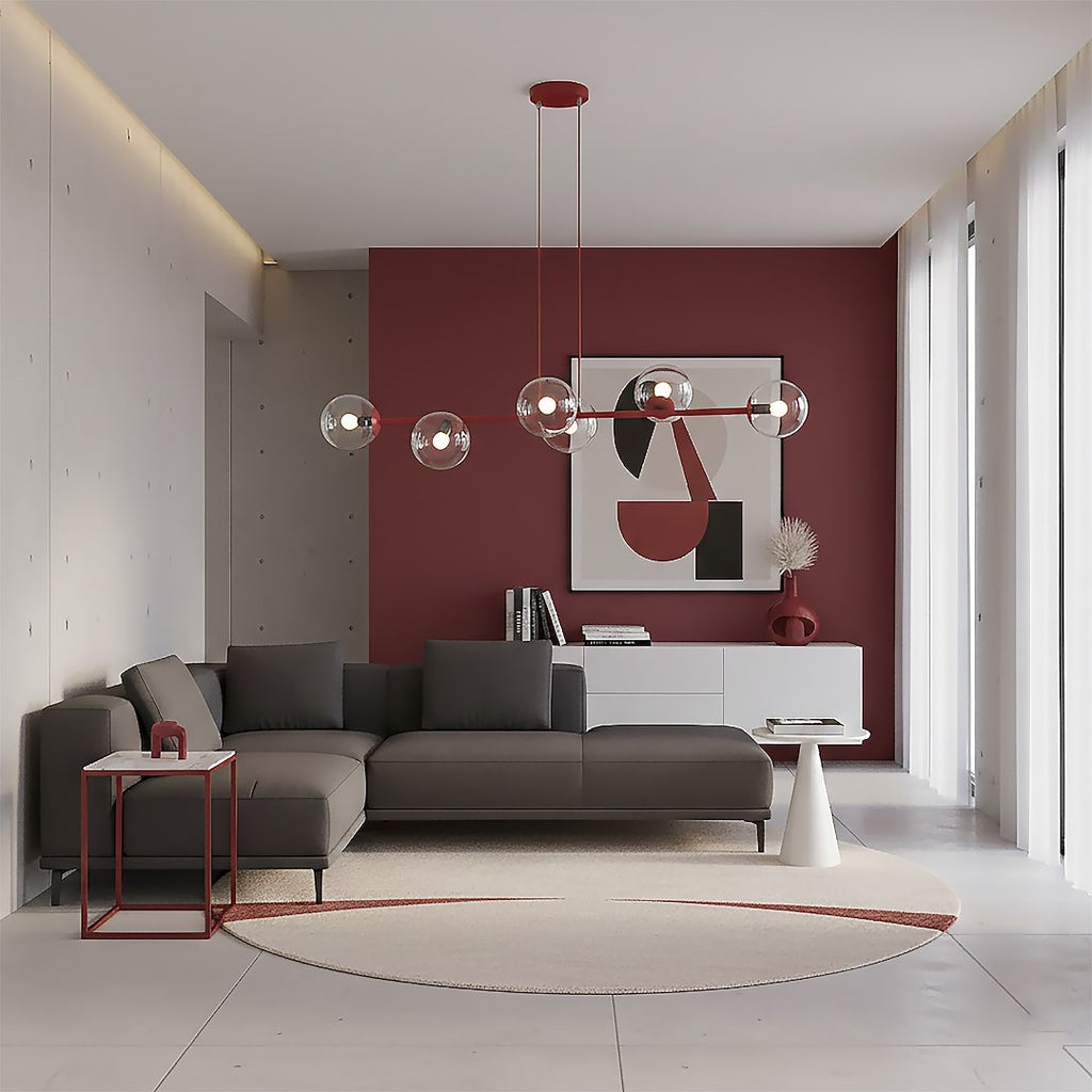 Hanglamp gepoedercoat staal en glas Magnus, bordeaux met transparante glazen kappen, 6 lichts, 110 cm breed