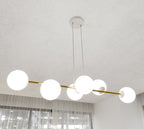 Hanglamp Gravity gepoedercoat staal en glas wit met goud, 6 lichtpunten, 110 x 100 cm, eettafel en woonkamer