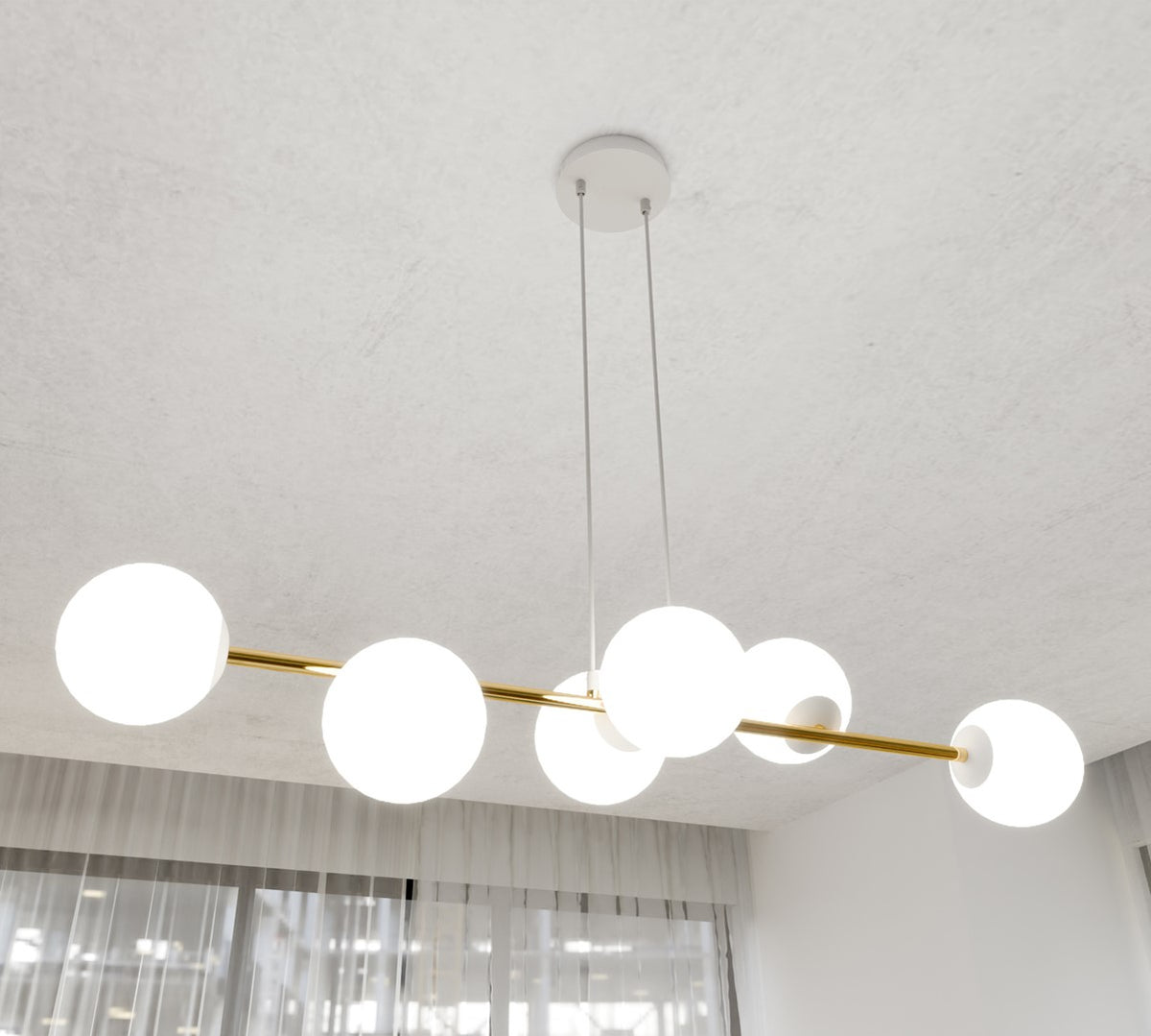 Hanglamp Gravity gepoedercoat staal en glas wit met goud, 6 lichtpunten, 110 x 100 cm, eettafel en woonkamer