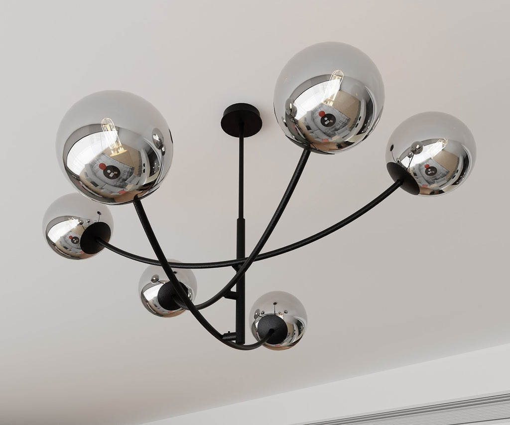 Plafondlamp gepoedercoat staal en glas Hunter zwart, grafiet kappen, 6 lichtpunten, 89 x 63 cm, eettafel of keukeneiland